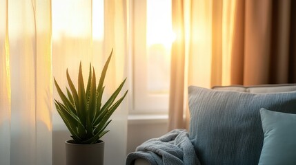 Poster - bright and inviting living room scene featuring aloe plant in modern pot with flowing sheer curtains