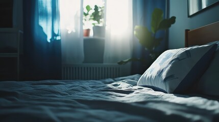 Poster - minimalist bedroom interior featuring softly lit blue and white pillow on a grey bedspread with natu