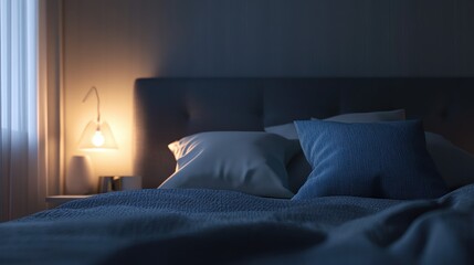 Poster - minimalist bedroom interior featuring softly lit ambiance with grey bedspread and blue white pillows