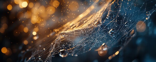 A photorealistic close-up of a spider web glistening with morning dew, each strand reflecting the world.