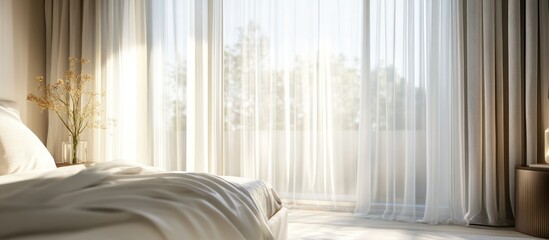 Poster - elegant bedroom with sheer curtains softly diffusing light, creating a cozy and bright ambiance for 