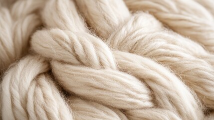 Poster - Textured creamy beige wool yarn intricately braided showcasing soft fibers in a close-up perspective, ideal for textile and fabric concepts.