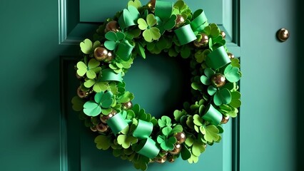 Wall Mural - St. Patrick's Day wreath on the door of the house. Home decor for the holiday