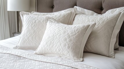 Poster - elegant soft white luxury pillows arranged on a plush beige bedspread in a serene and inviting bedro