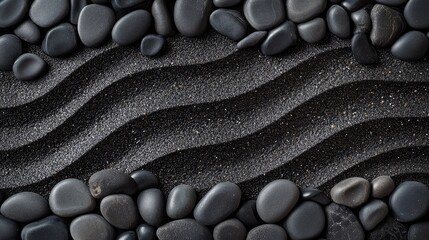 Poster - Elegant dark sand wave patterns with smooth black pebbles arranged artistically, highlighting textures and contrasts in a serene coastal setting