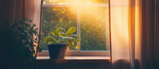 Poster - Gentle sunlight illuminating a peaceful indoor space with plants by the window enhancing a serene and cozy atmosphere.