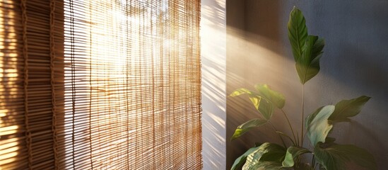 Poster - sunshine pouring through bamboo blinds illuminating a serene indoor space with warm tones and greene