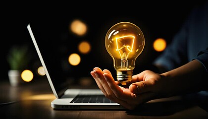 Poster - Brilliant Mind: Hand Holding Glowing Lightbulb with Brain, Creative Idea Concept. Bokeh Background. Smart Thinking, Innovation, Inspiration, Solution,