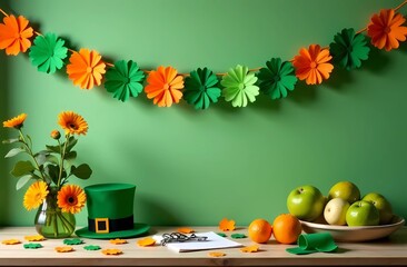 Wall Mural - Green-orange St. Patrick's Day garland, table setting 