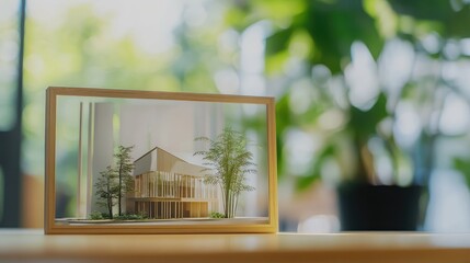 Poster - architectural model display in soft focus modern living room with green house plant background