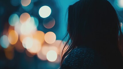 Poster - silhouette of a person in soft focused blue background with bokeh light effect at night