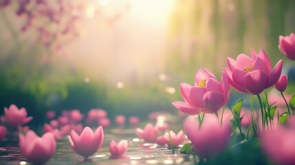 Poster - whimsical garden scene featuring soft focus pink blossoms surrounded by gentle sunlight and serene w