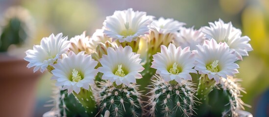 Sticker - Soft focus potted cacti with blooming white flowers adding elegance to home decor and creating a serene indoor nature ambiance