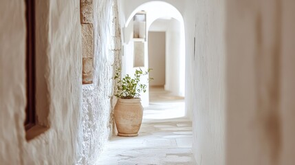 Poster - narrow white concrete corridor featuring modern rustic decor elements in a vintage style with soft f