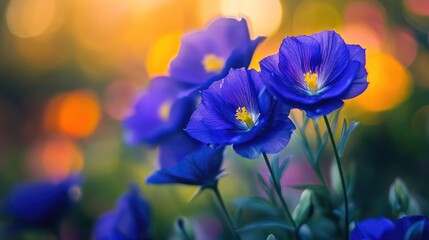 Poster - delicate blue eustoma flowers in soft focus against a blurred warm sunset background creating a sere