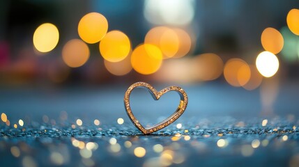 Poster - Soft focus golden heart shaped icon on blurred reflective surface surrounded by warm bokeh lights symbolizing love and romance