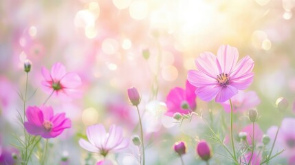 Poster - flower field in soft focus with bokeh light creating a dreamy floral atmosphere ideal for nature and
