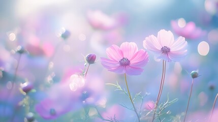 Poster - soft focus floral field with delicate bokeh lights creating a dreamy and tranquil atmosphere for nat