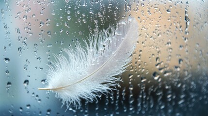 Poster - delicate feather resting on a rain-soaked glass window with water droplets creating a serene and tra