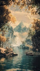 Canvas Print - Serene River Landscape: Majestic Mountains and Golden Autumn Trees