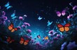 © Svetlana Lavereva - nighttime garden with vibrant purple flowers, butterflies, and starry sky