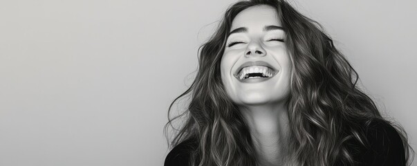 Wall Mural - Joyful woman with long hair laughing, wearing a simple black top, against a light gray background. Capturing happiness and carefree emotions in a portrait setting