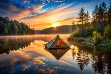 Canvas Print - Serene Lakeside Camping: Tent Pitch Beside Tranquil Water at Dawn