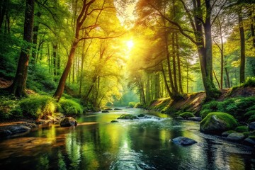 Wall Mural - Serene River Flowing Through Lush Green Forest - Vintage Daylight Photography