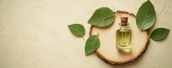 Wall Mural - essential oil dropper bottle, green leaves, wooden slice on a beige background Aromatherapy, natural cosmetics, skincare, eco friendly concept, wellness, herbal essence with tranquility