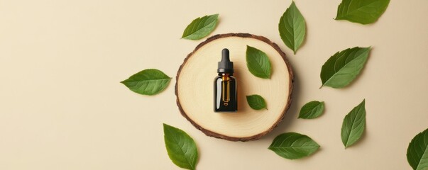 Wall Mural - essential oil dropper bottle, green leaves, wooden slice on a beige background Aromatherapy, natural cosmetics, skincare, eco friendly concept, wellness, herbal essence with tranquility