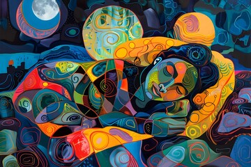 polyamorous trio embracing in glowing moonlit bedroom with vibrant contemporary art style