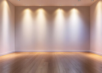 Wall Mural - blank wall illuminated by spotlights. empty room with wooden flooring and white walls lighted with d