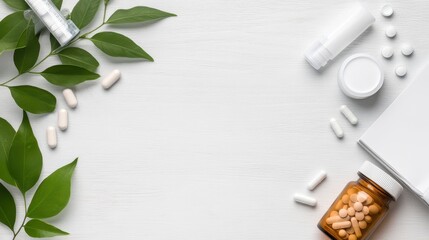 A sleek laptop rests on a pristine white table, accompanied by an array of colorful pills, blending technology and health in an intriguing setting.