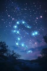 Poster - Glowing snake constellation above rocky, tree-lined landscape.