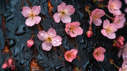 Sticker - 雨上がりの桜が見せる濡れた幹と花びらの繊細な美しさ