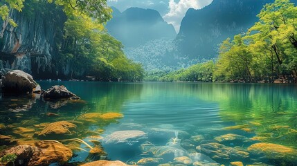 Poster - A jungle in Thailand, the river, mountain, very beautiful.