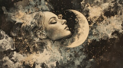 Canvas Print - Mystical Portrait of a Woman Embracing the Moon