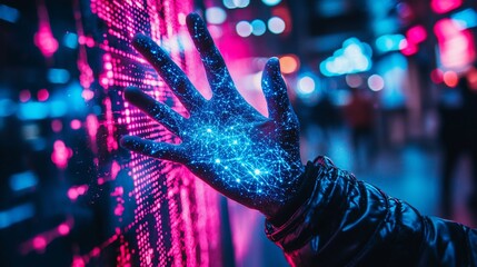 Poster - Futuristic hand interacting with digital display at night.