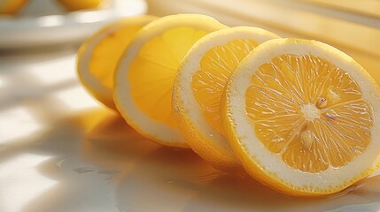 Poster - Close-up of lemon slices placed on a modern gradient background, shifting from sunny yellow to soft beige tones for a sophisticated appearance.