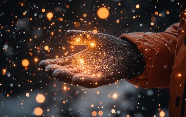 Poster - Glowing magical particles on a gloved hand in winter.