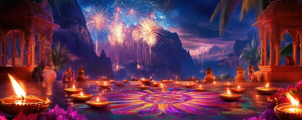 Poster - a colorful diwali scene with diyas lit, rangoli designs on the floor, and fireworks exploding in the