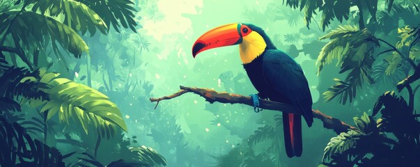 A colorful toucan perched on a branch in a rainforest.