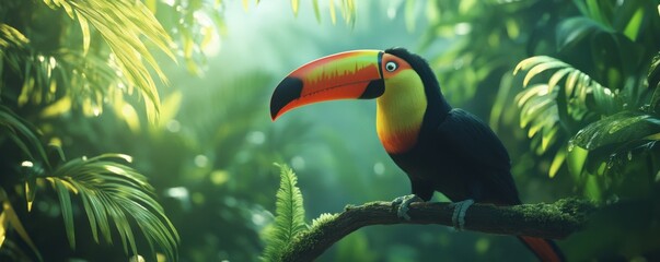 A colorful toucan perched on a branch in a rainforest.