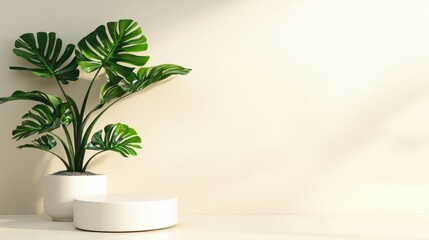 Poster - A clean and modern scene featuring a white podium on a plain light cream background