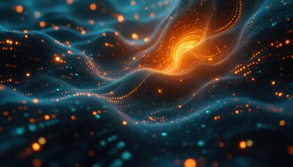 Fototapete - Glowing abstract digital wave with bright orange and blue lights