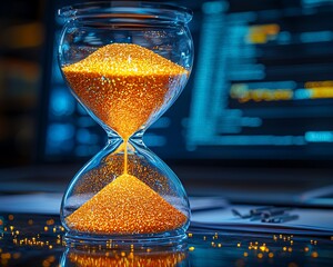 Poster - Hourglass with glowing sand in front of computer screen displaying code.