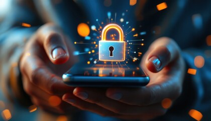 Poster - Secure mobile device with glowing digital lock icon in male hands