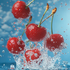 Aufkleber - Six red cherries fall into the water, splashing and impacting on a blue background.