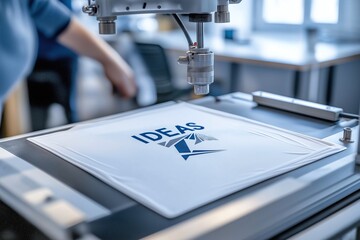 Poster - Close-up of a precision laser cutter etching the word 'IDEAS' on material, symbolizing innovation and technology in a modern workshop.