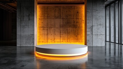 Poster - A sleek and simple round white podium illuminated by warm ambient lighting